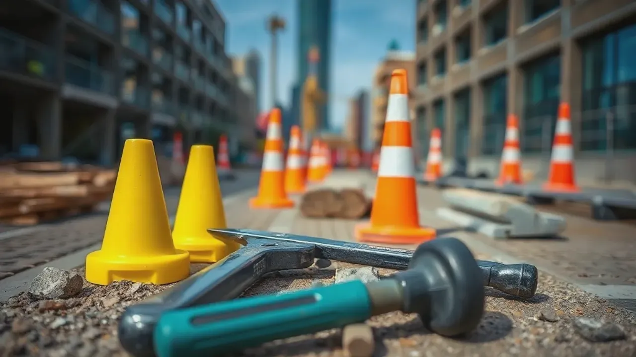 Tools and site markers used in Manchester city building projects