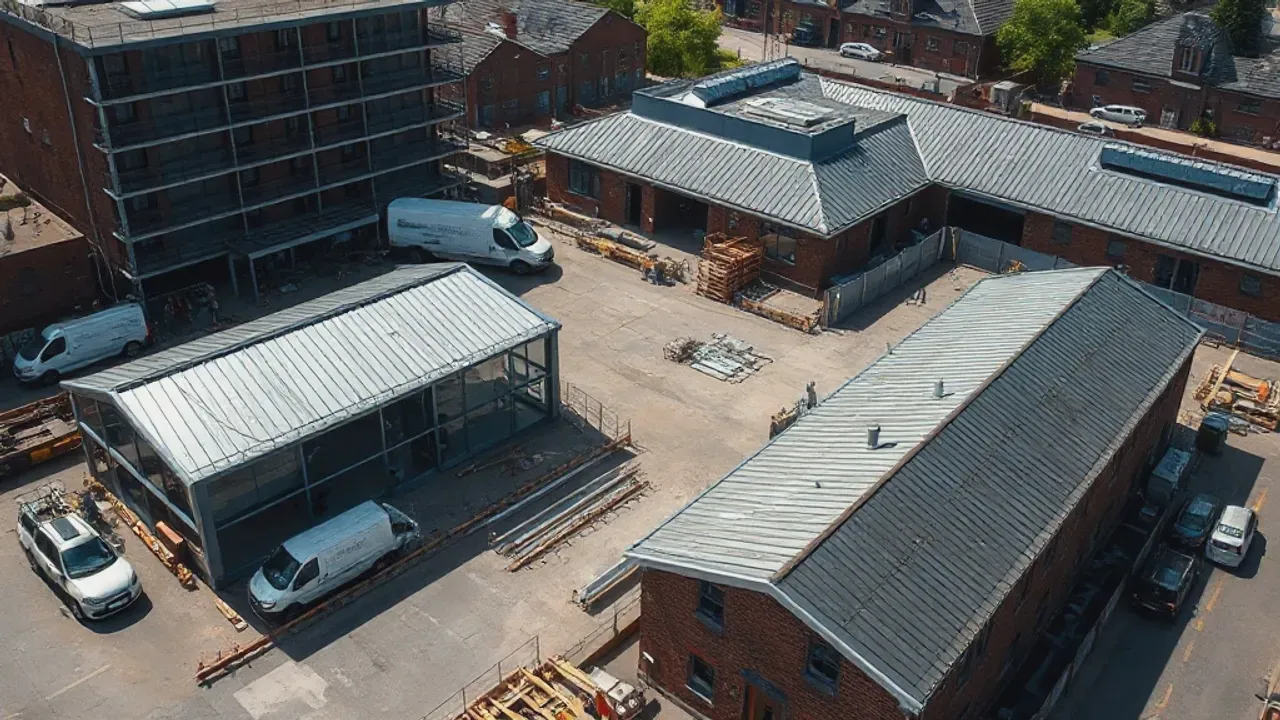 An elevated view across a site relevant to Prestwich building projects near Manchester